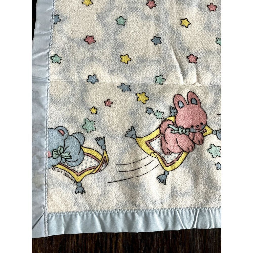 New Baby Blanket Vintage Satin Trim Teddy Bear Acrylic Stars Cuddle Time‎